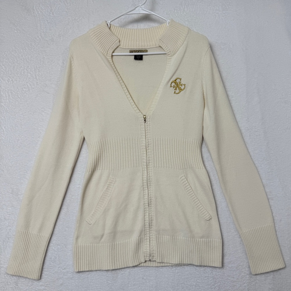 Guess Jeans Sweater Womens Large Cream Zip Cardigan Pockets Knit Vintage Y2K